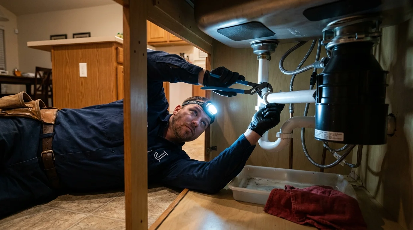 P-trap and supply line connections under a kitchen sink showing a common leak point in Dadeville, AL